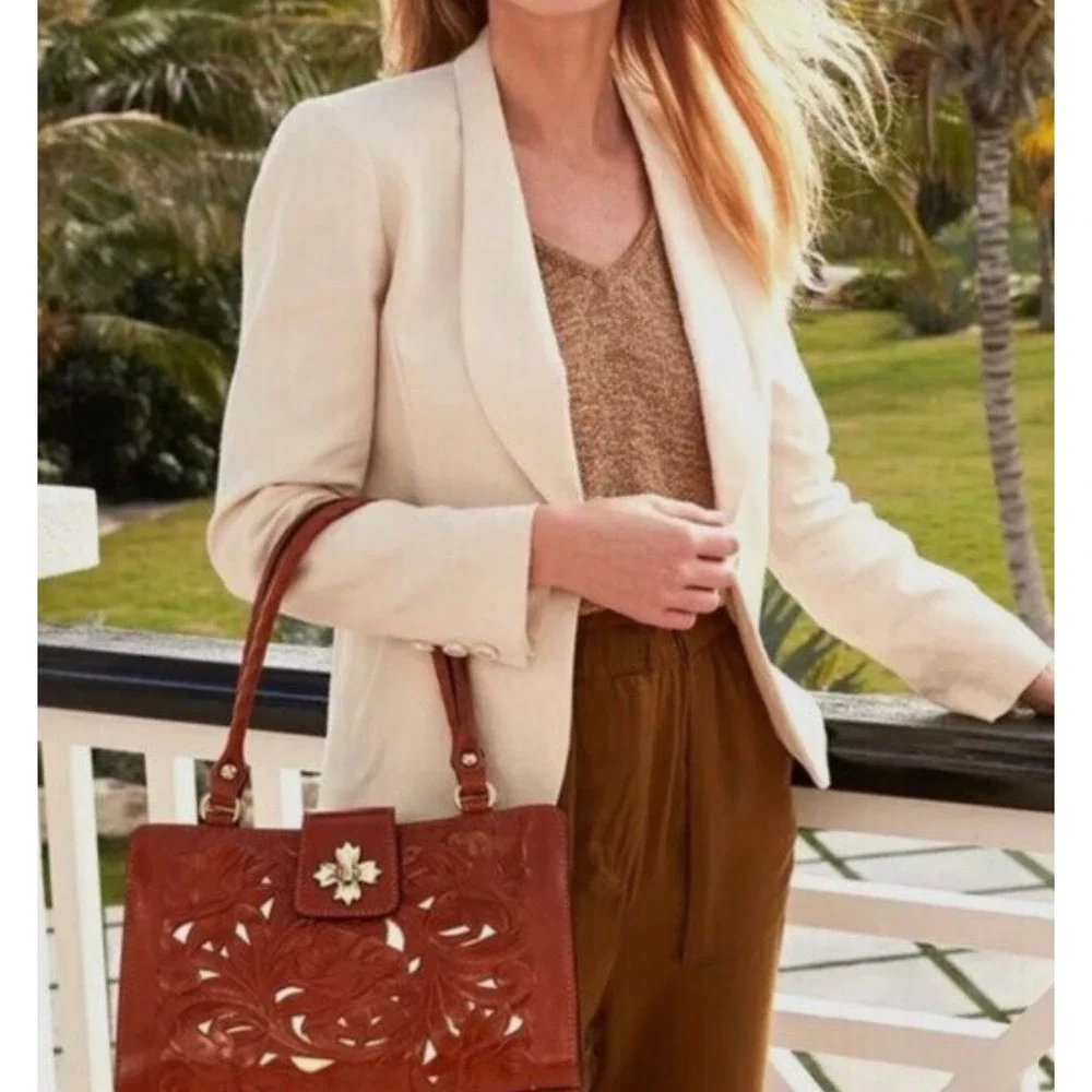 Patricia Nash Rosina‎ Tooled Metallic GOLD LEATHER  Satchel PURSE Tan NWT
